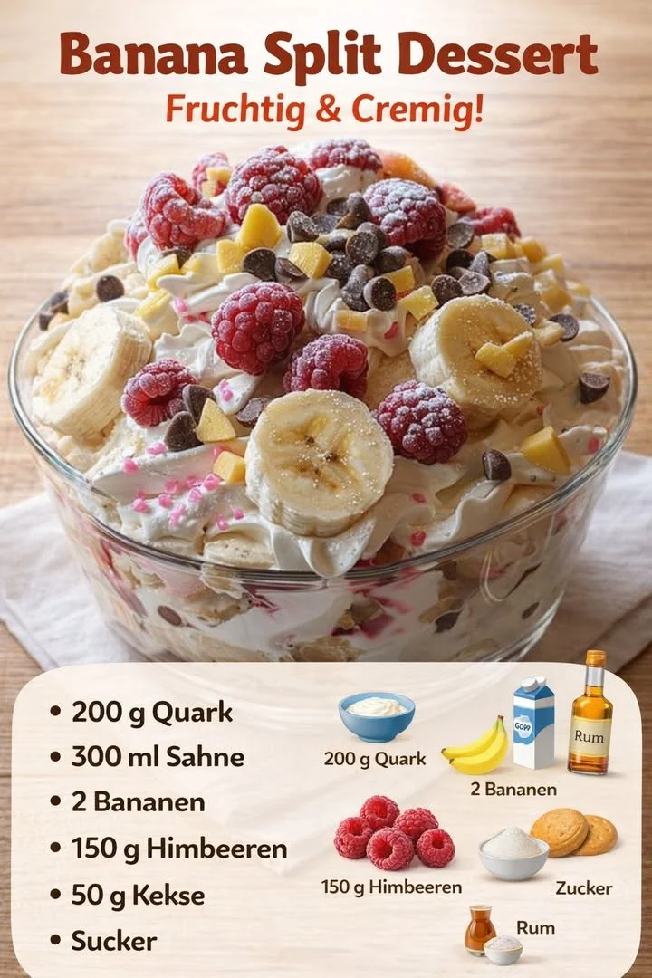 Bananensplit-Dessert mit Quark und frischen Himbeeren auf einem Teller