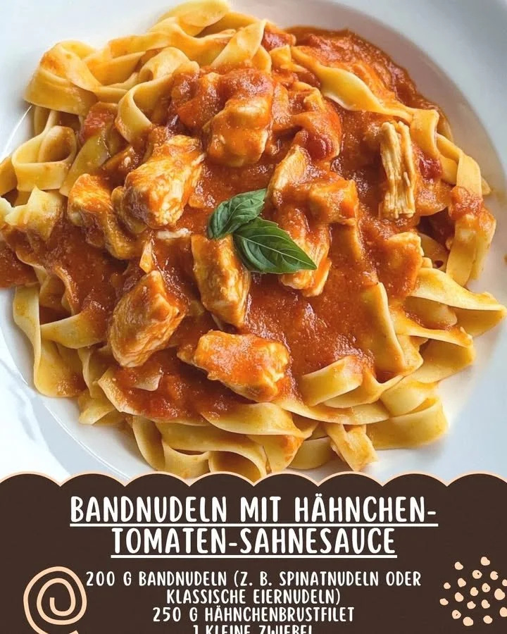 Bandnudeln mit Hähnchen und Tomatensahnesauce auf einem Teller