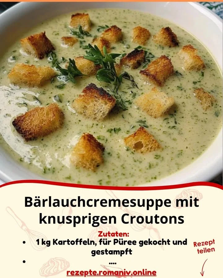Bärlauchcremesuppe mit knusprigen Croutons in einer weißen Schüssel