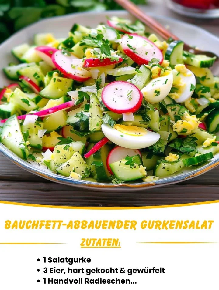 Bauchfett-abbauender Gurkensalat mit Eiern und Radieschen auf einem Teller