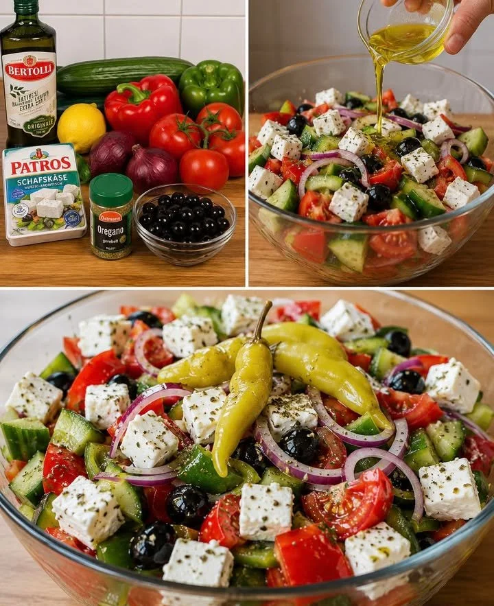 Bauernsalat mit frischem Gemüse und Feta auf einem Teller serviert