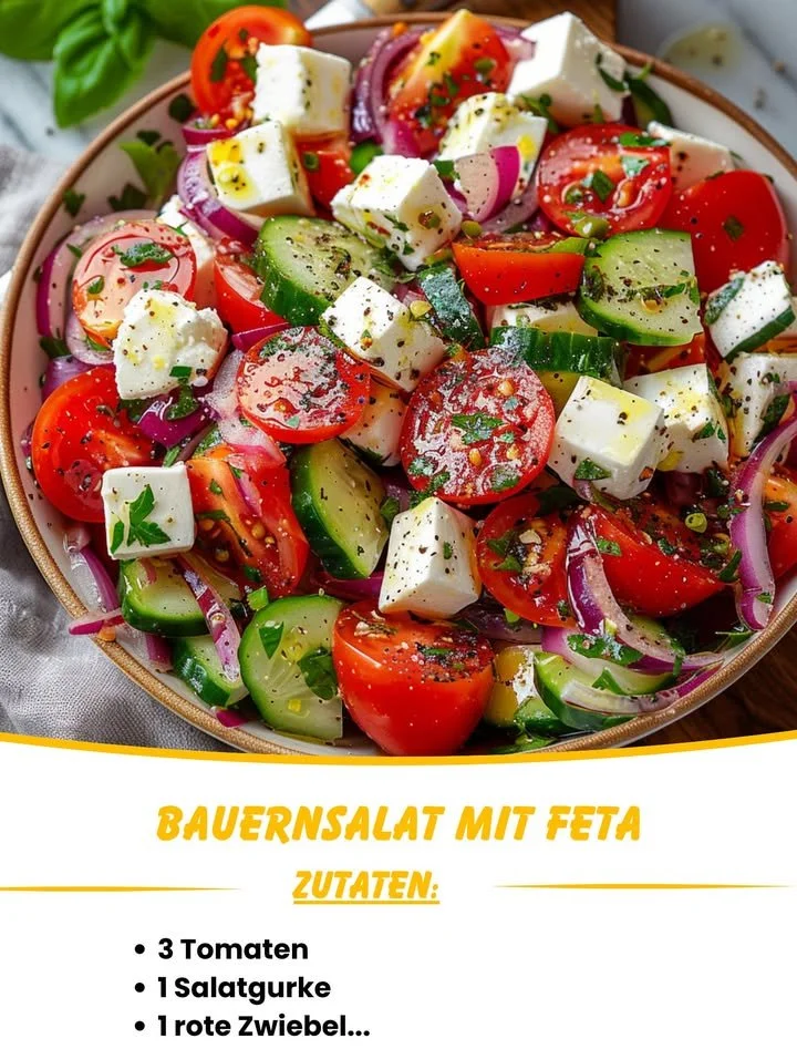 Bauernsalat mit Feta, frische Zutaten auf einem Teller angerichtet