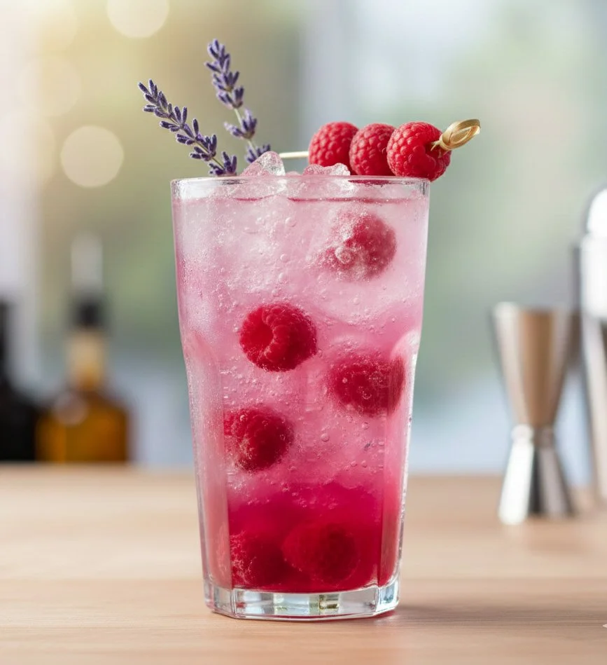 Erfrischender alkoholfreier Beeren-Cocktail Berry Fizz mit Lavendel und frischen Beeren