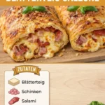Köstliche Blätterteig Calzone mit Salami und Käse auf einem Teller serviert.