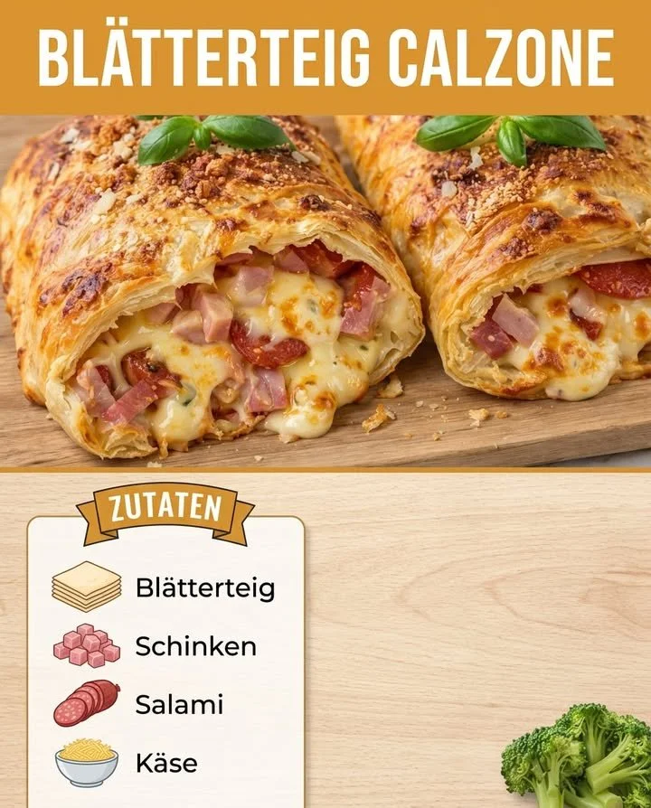 Köstliche Blätterteig Calzone mit Salami und Käse auf einem Teller serviert.