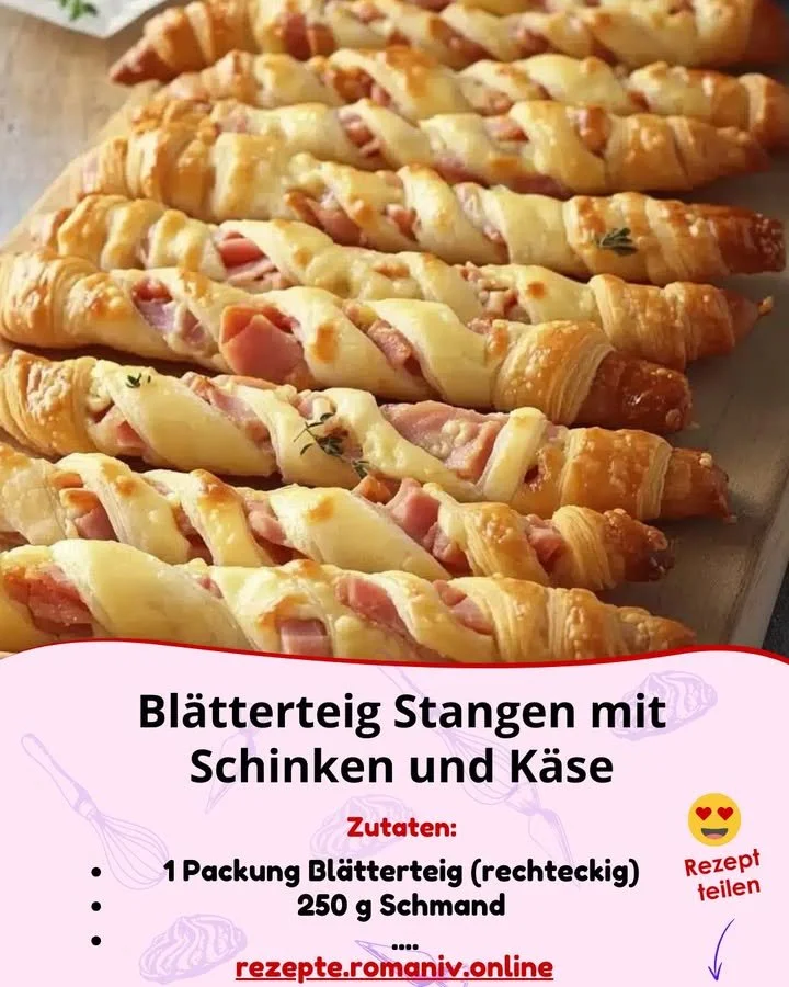 Blätterteig Stangen mit Schinken und Käse auf einem Holzbrett
