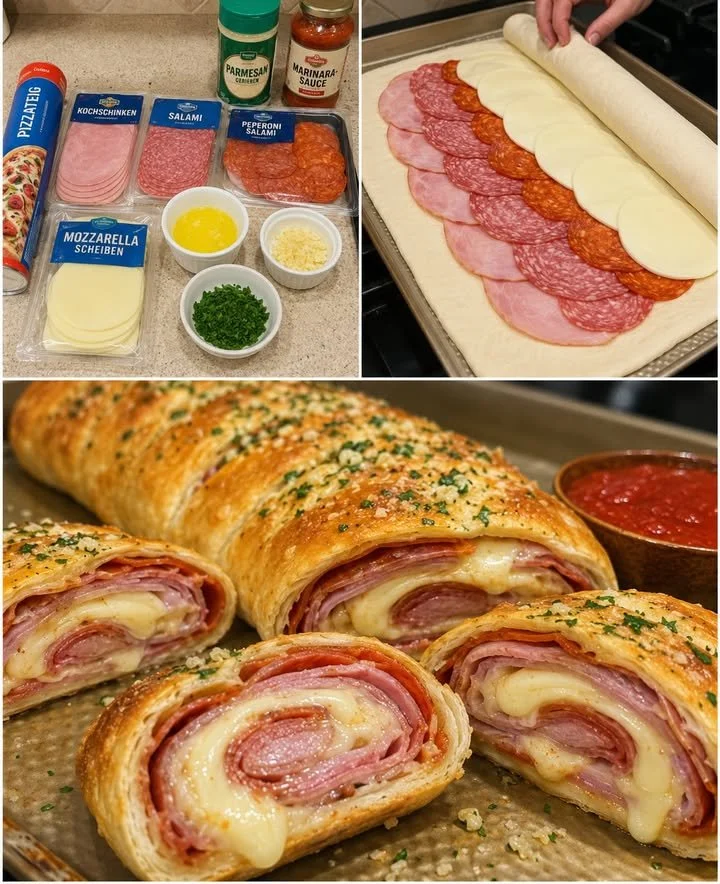 Blätterteigstrudel gefüllt mit Peperoni und Käse auf einem Teller