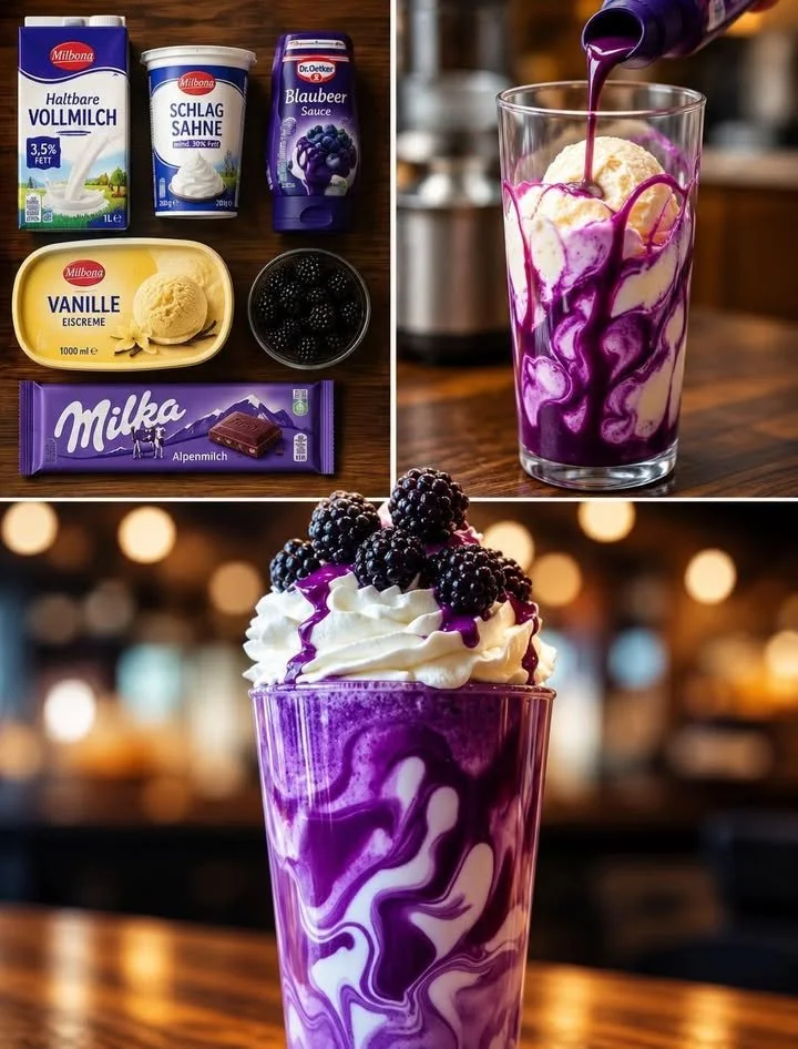 Eine Tasse Blaubeere Latte mit frischen Blaubeeren und Milchschaum