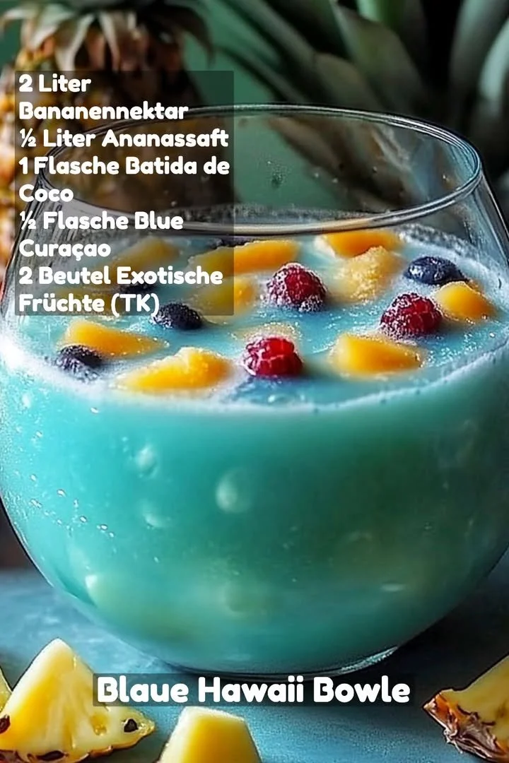 Erfrischende Blaue Hawaii Bowle in einem Glas mit Früchten dekoriert.