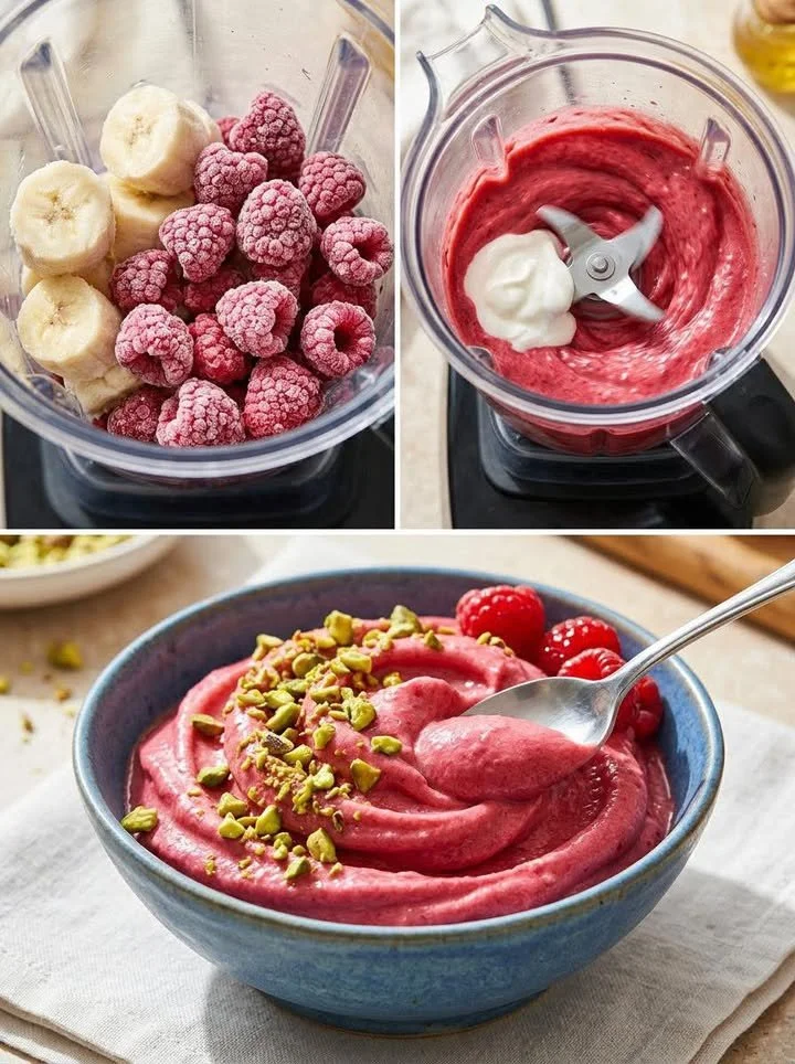 Schüssel mit Blitz-Himbeer-Eiscreme, dekoriert mit frischen Himbeeren.