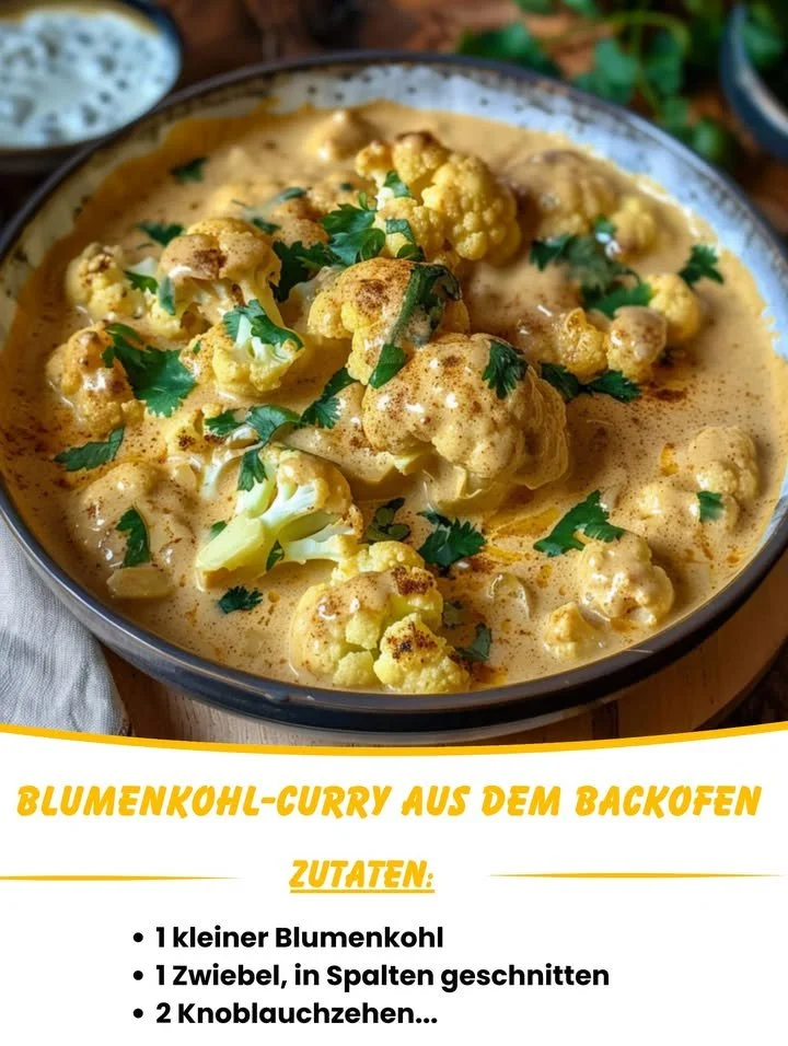 Leckeres Blumenkohl-Curry aus dem Backofen in einer bunten Schüssel.