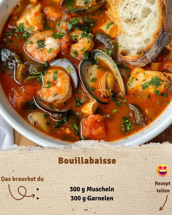 Authentische Bouillabaisse mit frischen Meeresfrüchten und duftenden Gewürzen.