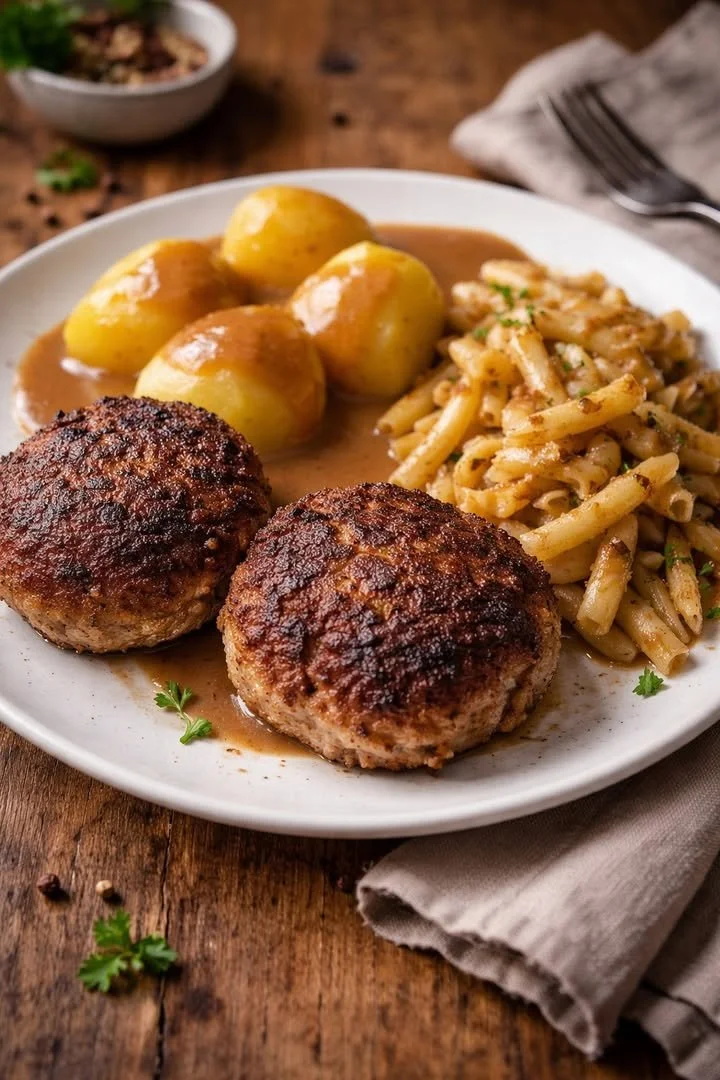 Bouletten mit Bohnen und Kartoffeln auf einem Teller serviert.