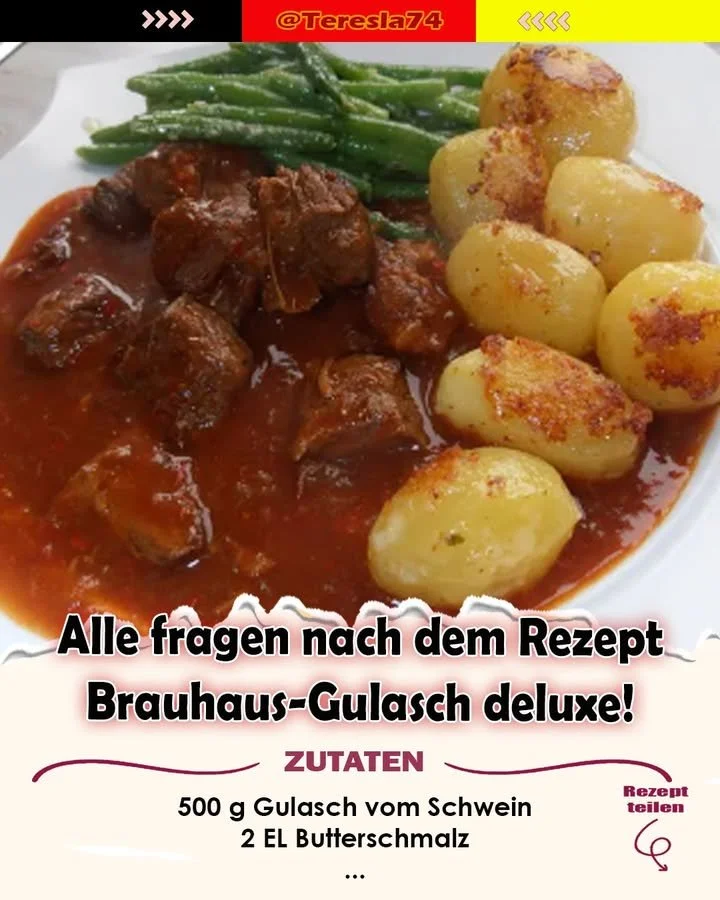 Schüssel mit Brauhaus-Gulasch deluxe, serviert mit frischem Brot