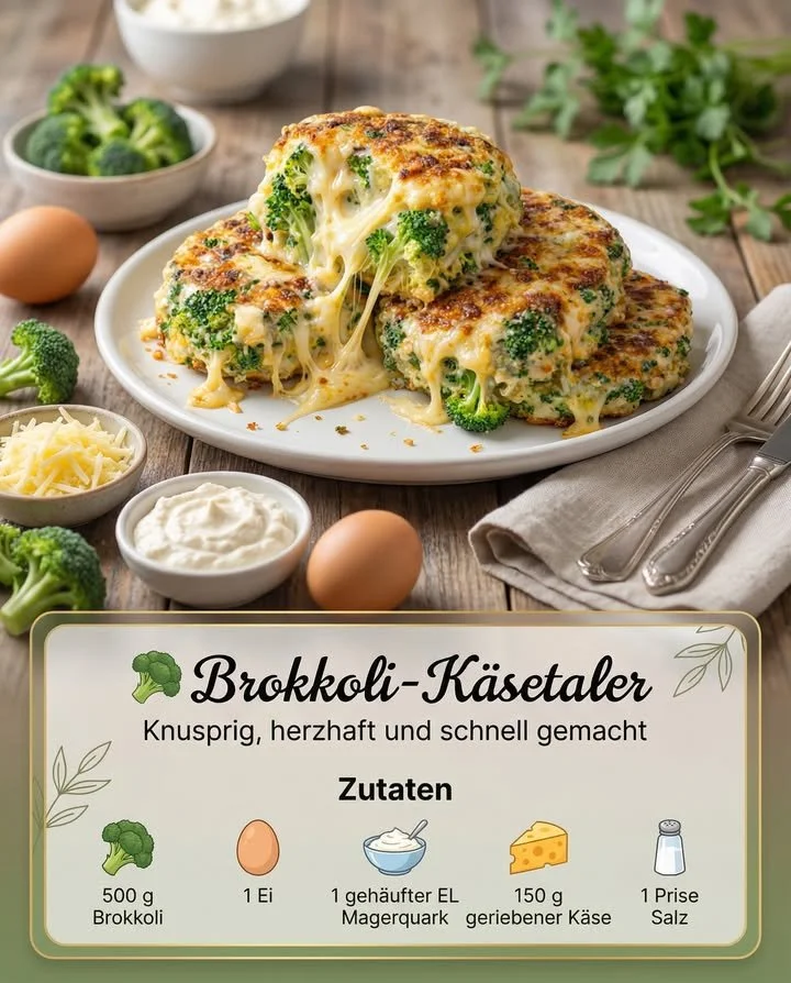Brokkoli-Käse-Taler auf einem weißen Teller mit frischem Gemüse
