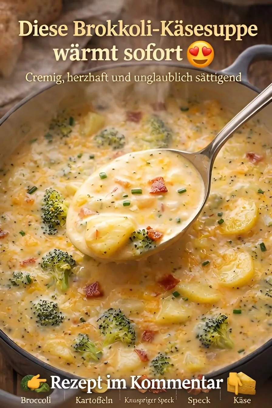 Schüssel mit Brokkoli-Käsesuppe, dekoriert mit frischem Kräutern
