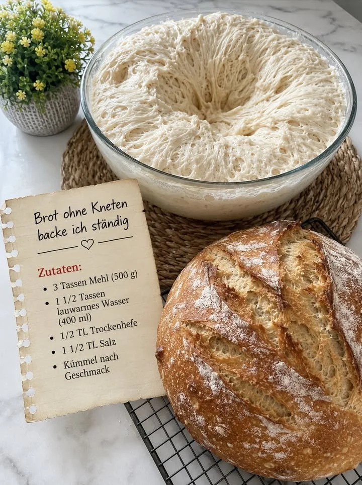 Leckeres Brot ohne Kneten frisch gebacken auf einem Holzbrett.