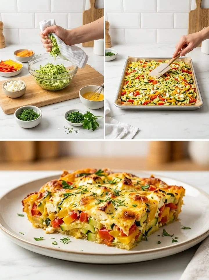 Bunter Zucchini-Feta-Auflauf vom Blech mit frischen Zutaten aus dem Ofen.