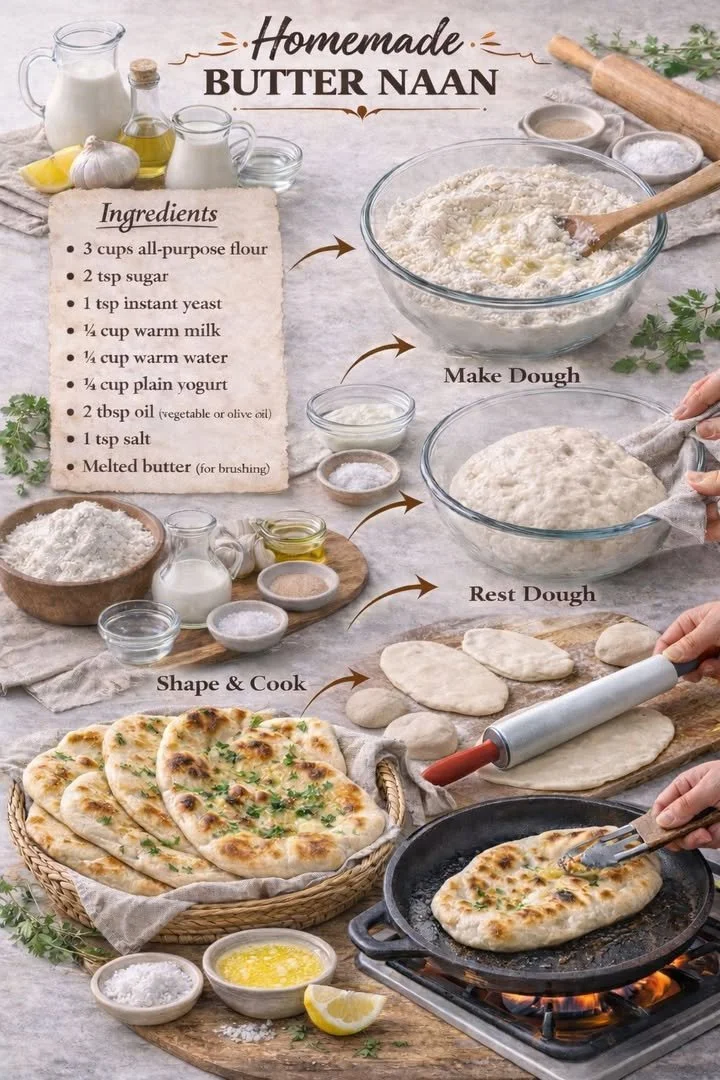 Ein frisch gebackenes Butter Naan, serviert mit aromatischer Sauce.