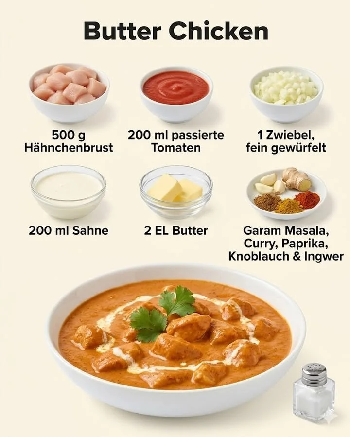 Ein Teller Butterhähnchen mit cremiger Sauce und frischen Kräutern.