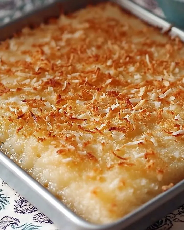 Buttermilch-Kokos-Kuchen auf einem weißen Teller, dekoriert mit Kokosnussraspeln.