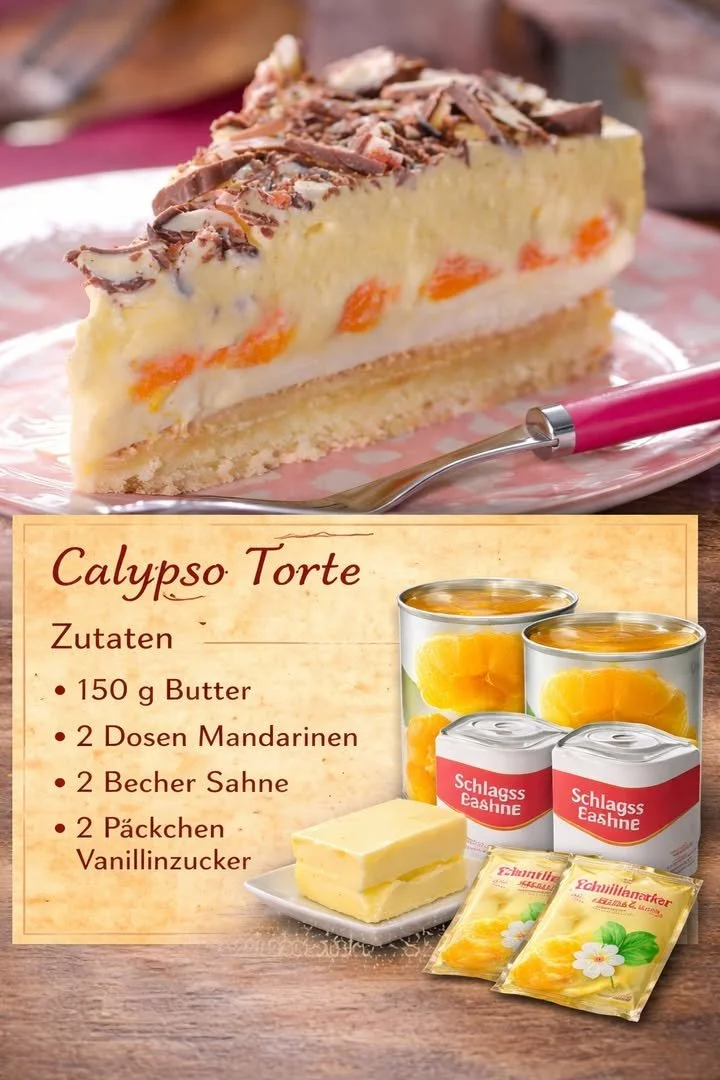 Ein Stück Calypso Torte auf einem Teller, dekoriert mit Schokolade und Früchten.