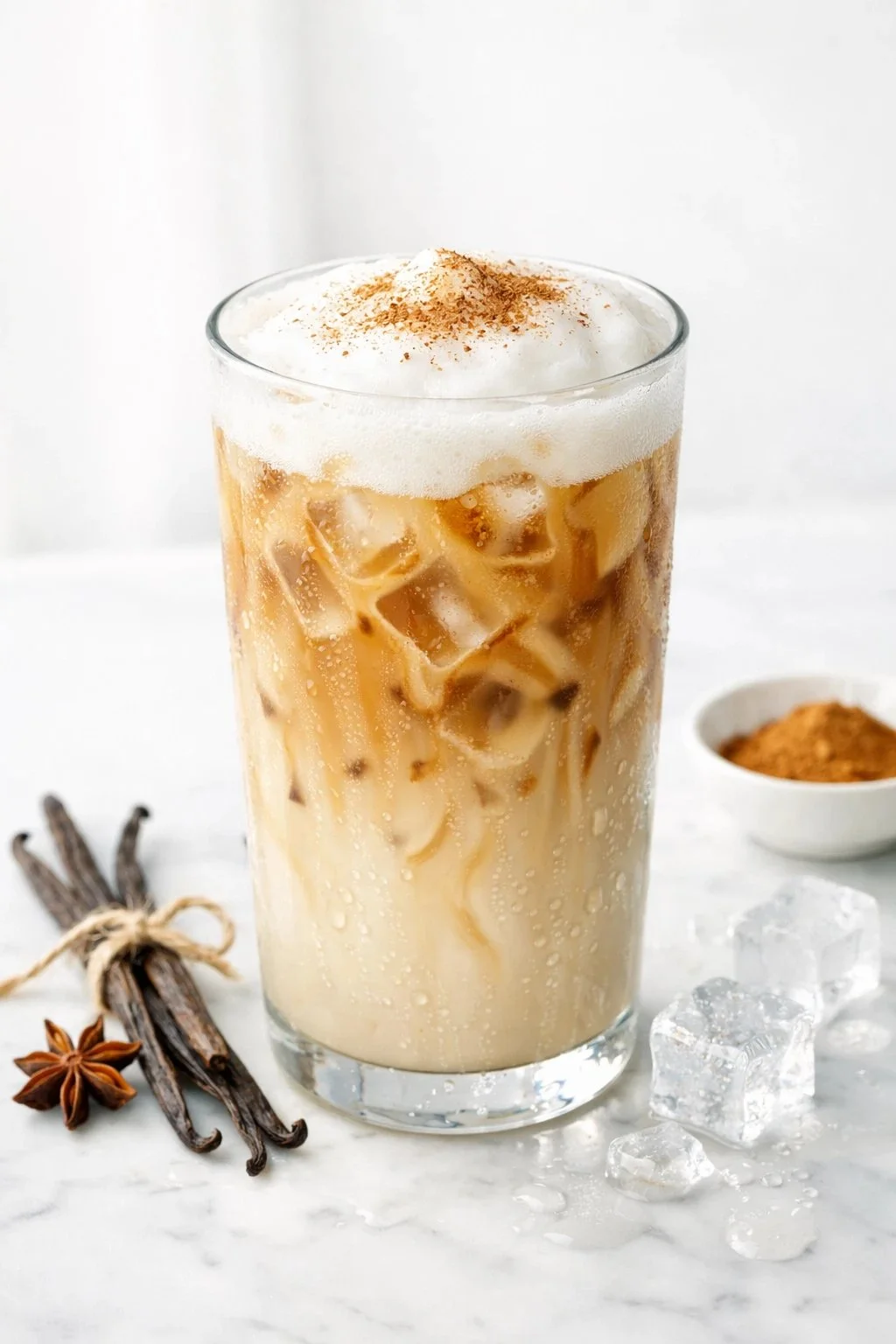 Köstlicher Chai-Vanille-Latte in einer Tasse mit Zimtstange dekoriert