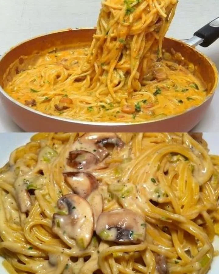 Champignons Spaghetti aus der Pfanne mit frischen Zutaten und Kräutern.