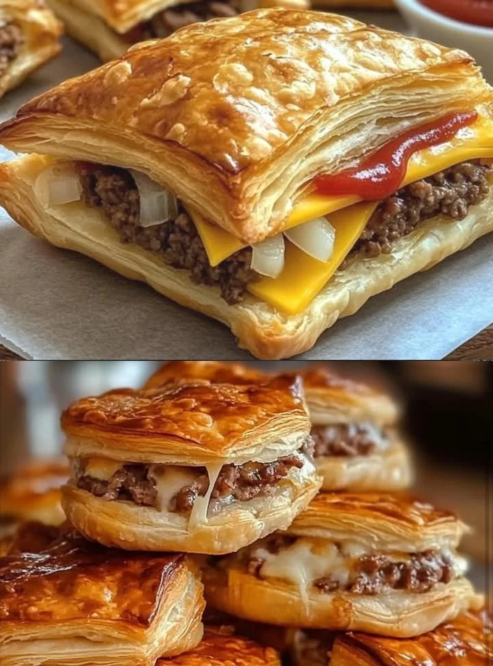 Leckere Cheeseburger Blätterteigtaschen auf einem Teller serviert