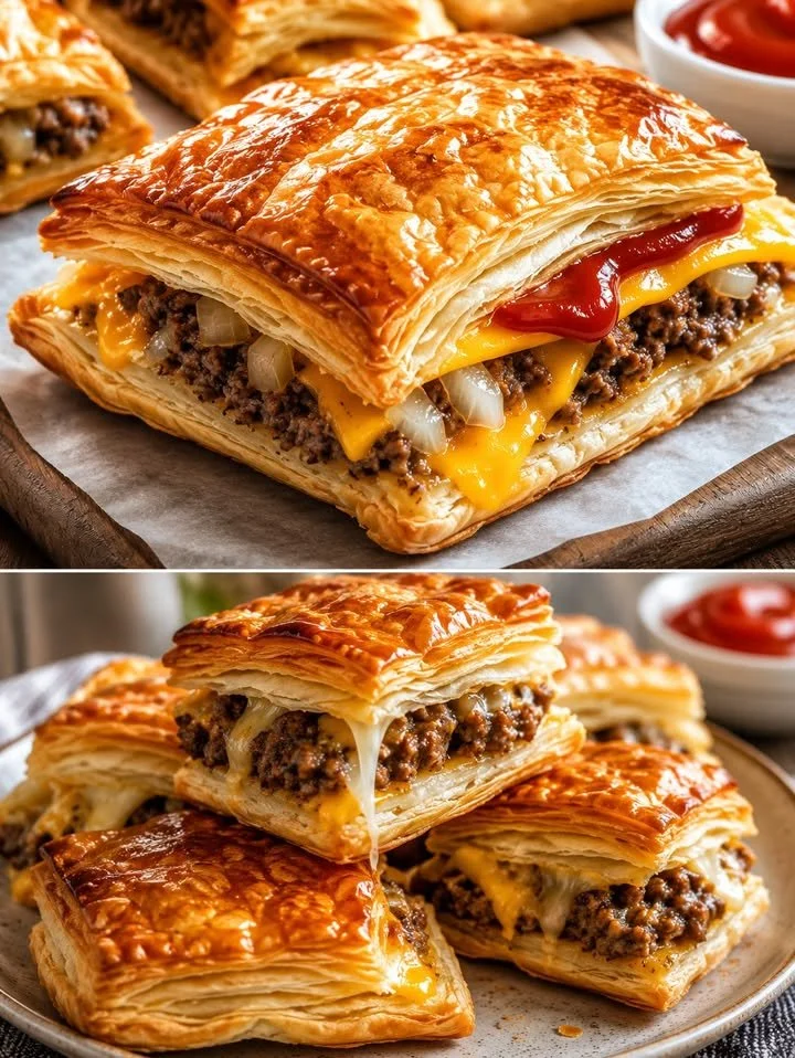 Köstliche Cheeseburger Blätterteigtaschen mit Hackfleisch garniert und serviert