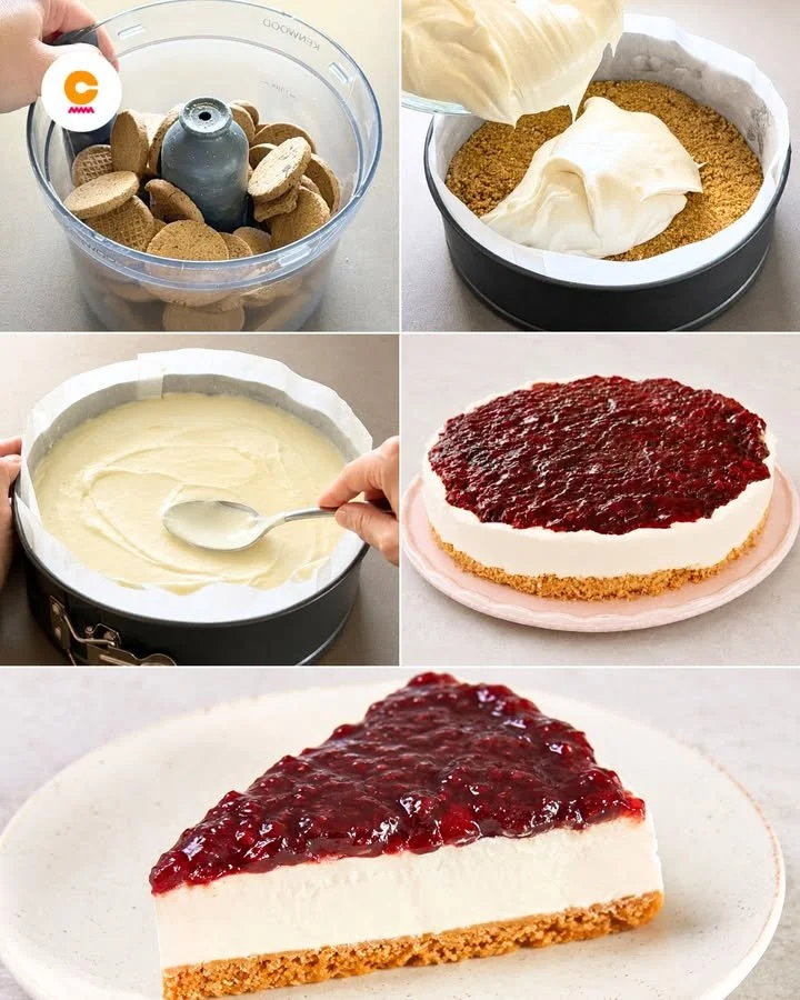 Ungebakener Cheesecake mit frischen Früchten und einer Keksbodenbasis.