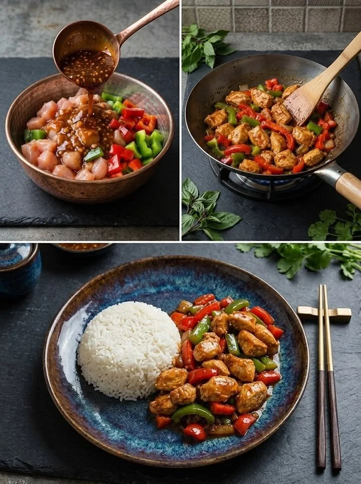Leckere chinesische Hähnchen-Gemüsepfanne mit frischem Gemüse