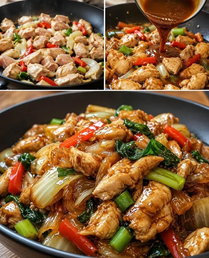Chinesische Hähnchen Gemüsepfanne mit frischem Gemüse und zartem Hähnchenfleisch