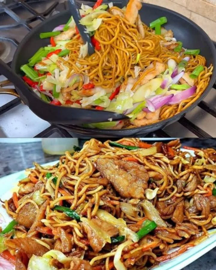 Schüssel mit chinesischen Nudeln und Hähnchen in einer würzigen Sauce.