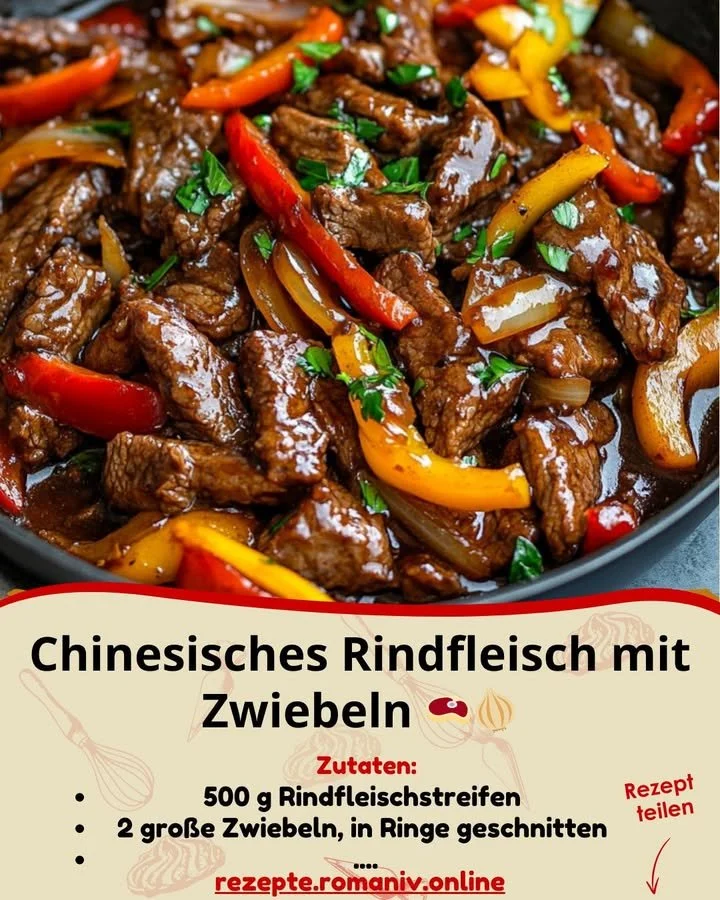 Schüssel mit Chinesischem Rindfleisch und Zwiebeln, garniert mit Frühlingszwiebeln
