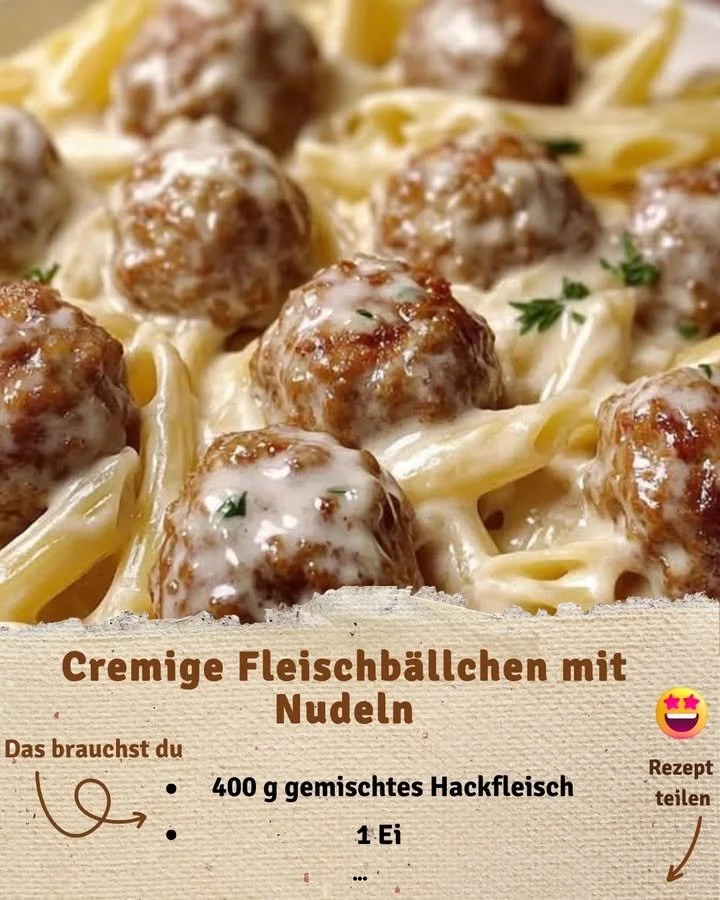 Cremige Fleischbällchen mit Nudeln auf einem Teller serviert