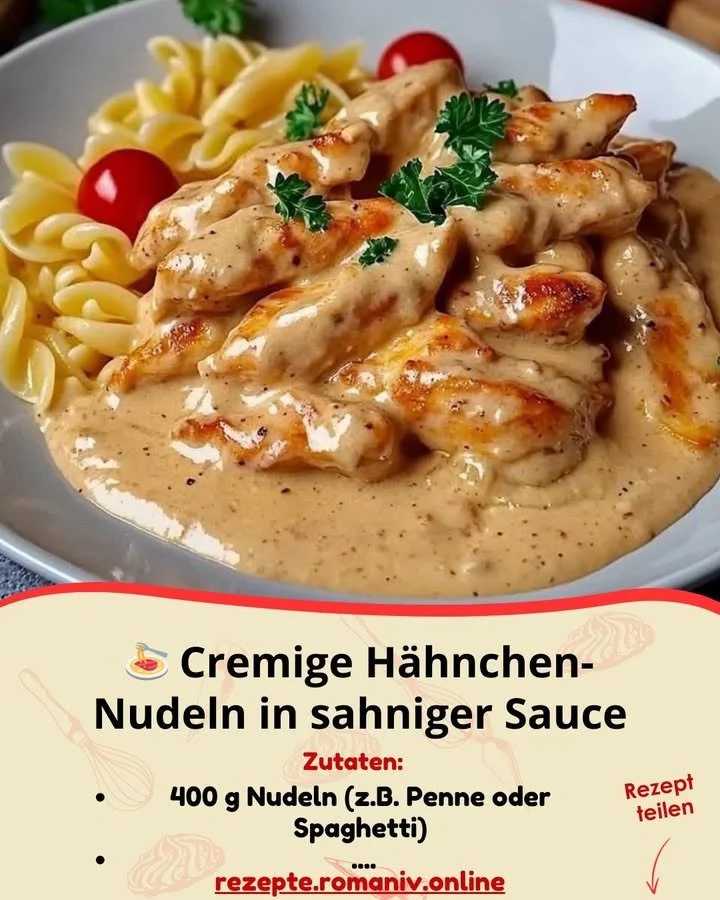 Cremige Hähnchen-Nudeln in sahniger Sauce auf einem Teller serviert