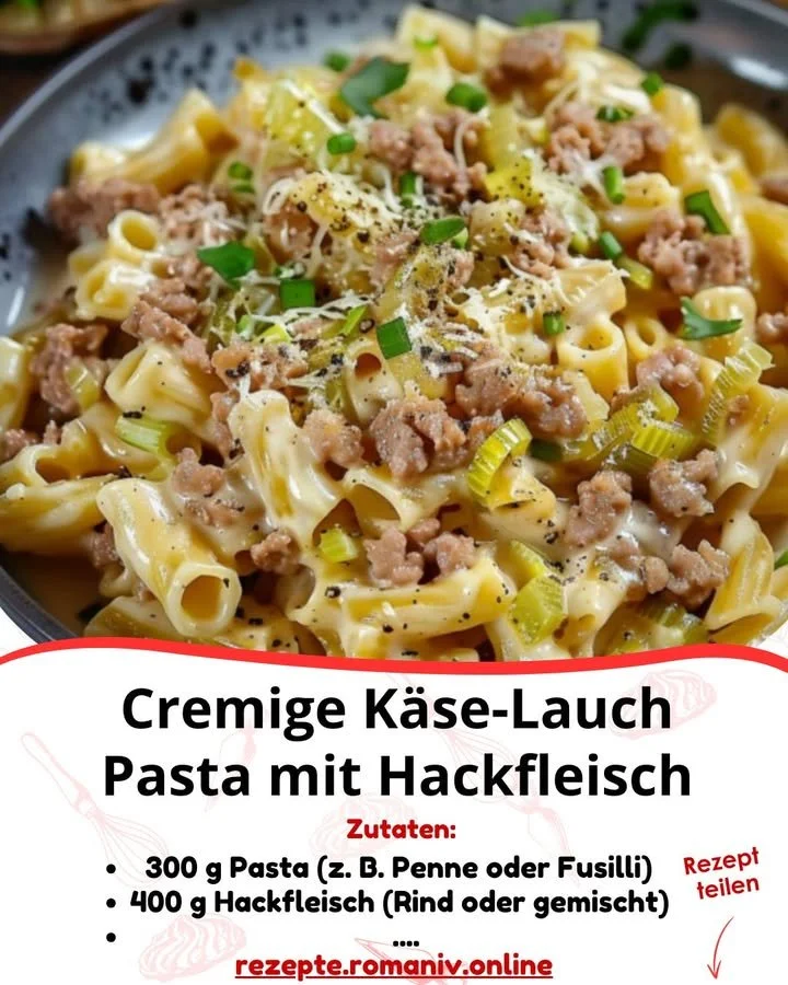 Cremige Käse-Lauch Pasta mit Hackfleisch auf einem Teller angerichtet.