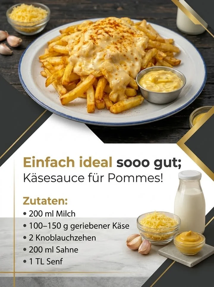 Cremige Käsesoße für Pommes im Schälchen auf einem Tisch