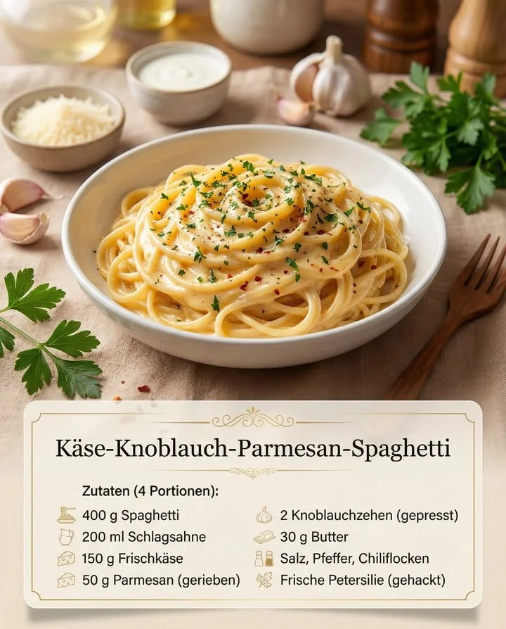 Cremige Knoblauch-Pasta mit Parmesan auf einem Teller serviert