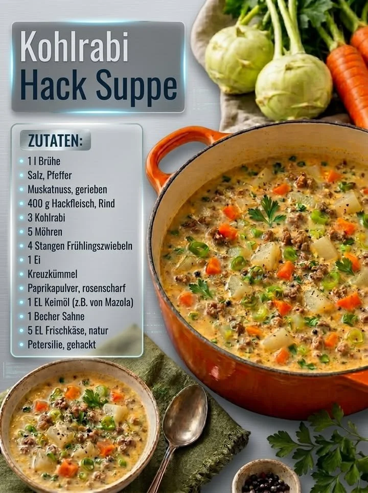Schüssel mit cremiger Kohlrabi-Hack-Suppe, frisch garniert mit Kräutern.