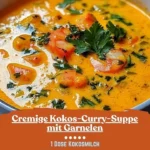 Cremige Kokos-Curry-Suppe mit Garnelen, serviert in einer weißen Schüssel