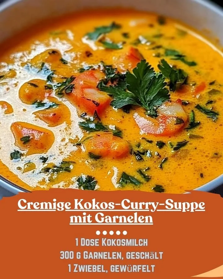 Cremige Kokos-Curry-Suppe mit Garnelen, serviert in einer weißen Schüssel