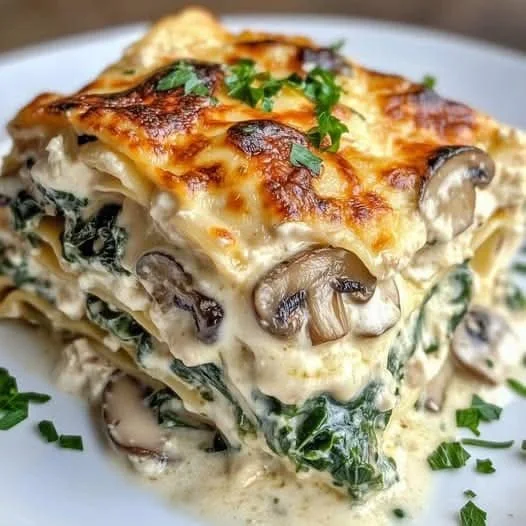 Cremige Lasagne mit Spinat, frisch aus dem Ofen, appetitlich angerichtet.