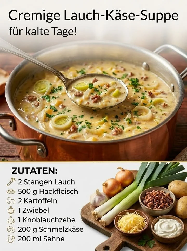 Cremige Lauch-Käse-Suppe in einer Schale, perfekt für kalte Tage