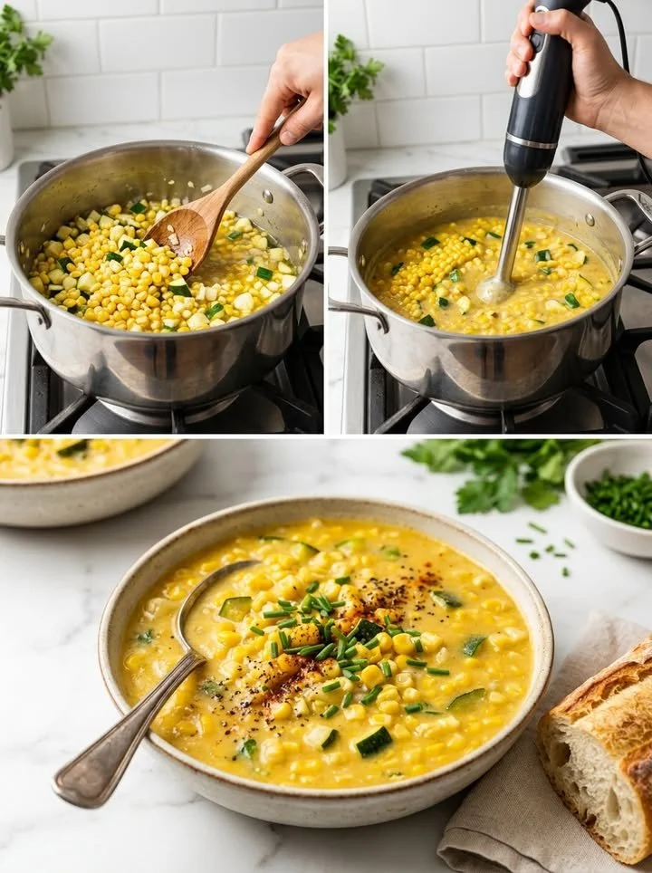 Cremige Mais-Zucchini-Chowder in einem Schüssel mit frischem Gemüse