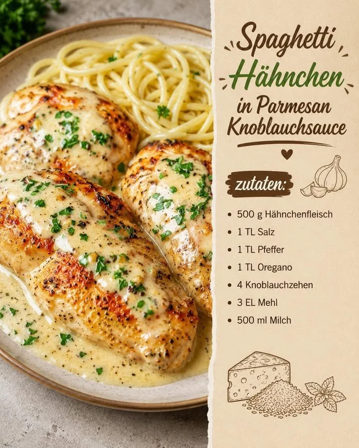 Cremige Parmesan-Knoblauchsauce mit Hähnchen und Spaghetti auf einem Teller