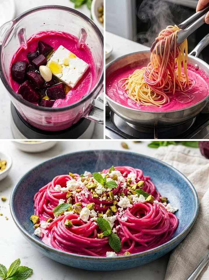 Cremige Pink Pasta mit Rote Bete und Feta auf einem Teller ansprechend angerichtet