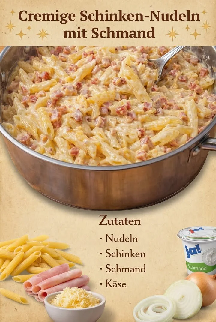 Cremige Schinkenpasta mit frischen Zutaten auf einem Teller