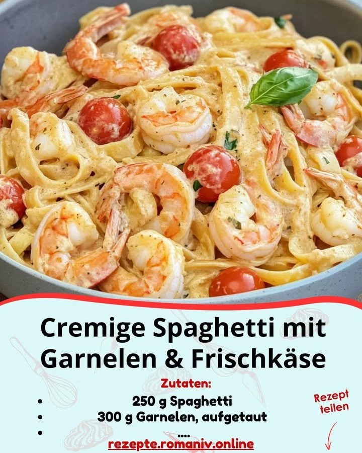 Cremige Spaghetti mit Garnelen und Frischkäse auf einem Teller serviert
